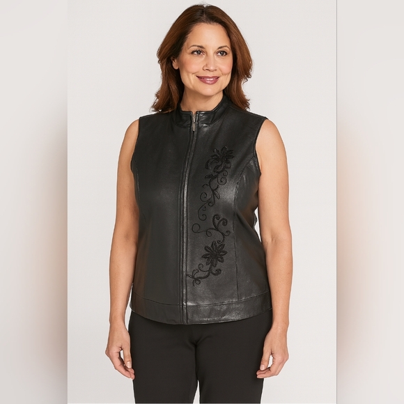 Coldwater Creek Jackets & Blazers - Genuine Black Leather Womens Zip Up Embroidered Vest Jacket Coldwater Size Large
